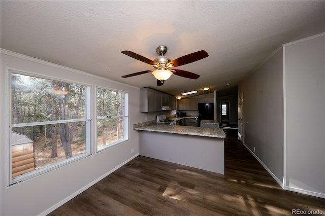 kitchen featuring dark wood-type flooring, a textured ceiling, lofted ceiling, and kitchen peninsula