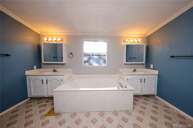 bathroom featuring vanity, crown molding, and a bath