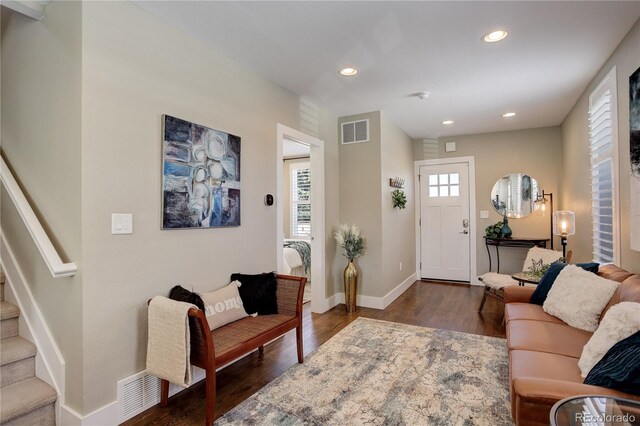 living room featuring dark wood-type flooring