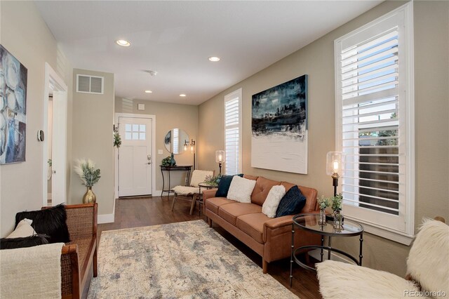 living room with dark hardwood / wood-style floors