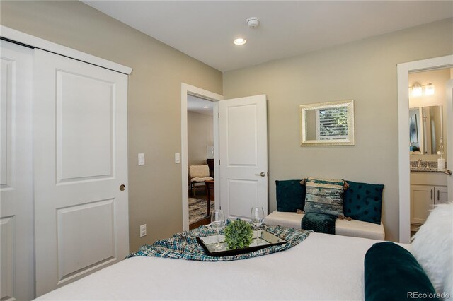 bedroom with sink, ensuite bathroom, and a closet