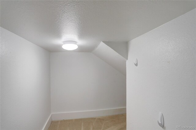 additional living space featuring vaulted ceiling, a textured ceiling, and carpet flooring