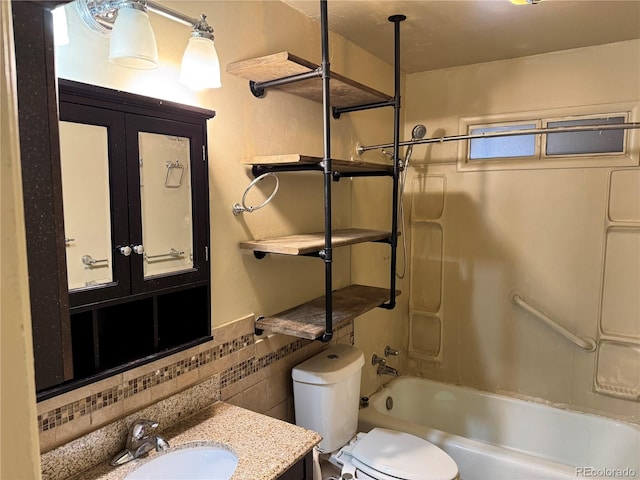 full bathroom featuring french doors, tub / shower combination, vanity, tile walls, and toilet