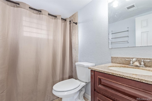 full bathroom with visible vents, a textured wall, vanity, and toilet