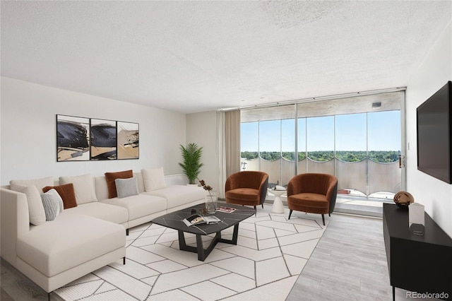 1155 N Ash St Unit 1204, Denver, CO 80220 - living area featuring a textured ceiling, light wood-style flooring, and a wall of windows