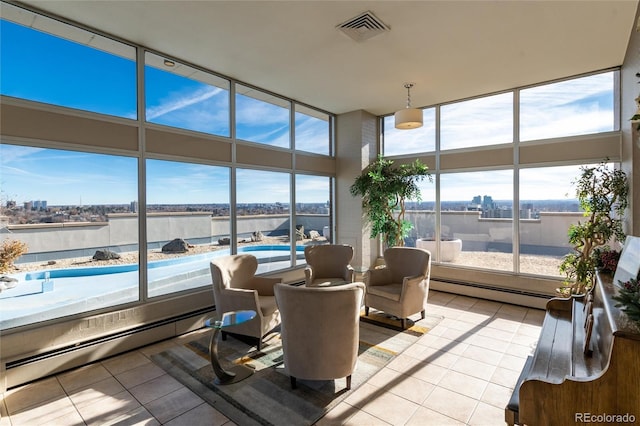 sunroom with a wealth of natural light and a baseboard heating unit