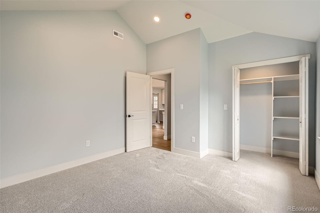 6000 Yarrow St, Arvada, CO 80004 - unfurnished bedroom with a closet, baseboards, high vaulted ceiling, recessed lighting, and carpet flooring