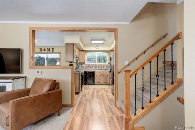 interior space featuring crown molding, sink, and light hardwood / wood-style flooring