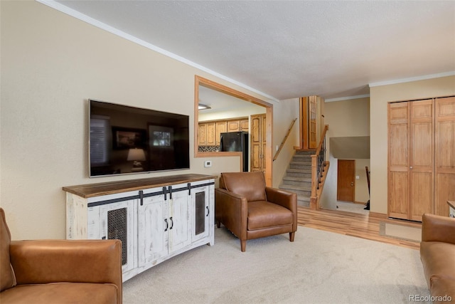 living room featuring ornamental molding, a textured ceiling, and light wood-type flooring