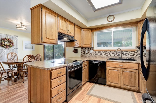 kitchen with black appliances, sink, backsplash, ornamental molding, and kitchen peninsula