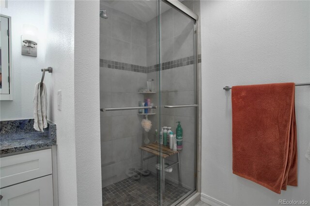 bathroom featuring vanity and a shower with shower door