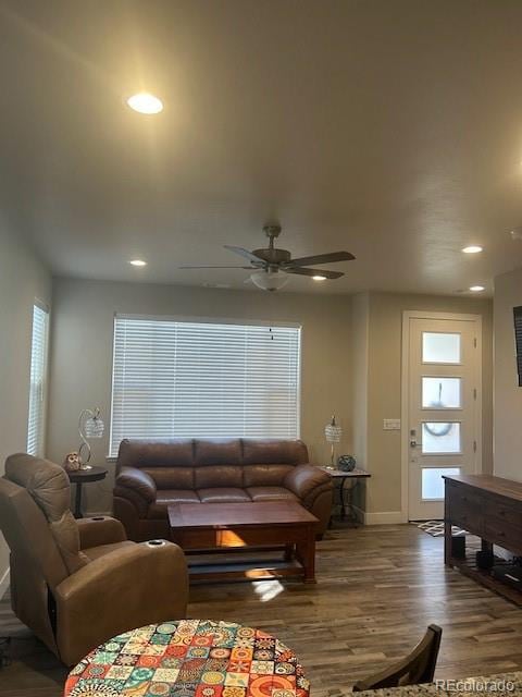 living room featuring ceiling fan and hardwood / wood-style flooring