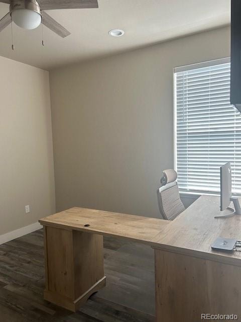 home office with ceiling fan and dark hardwood / wood-style floors