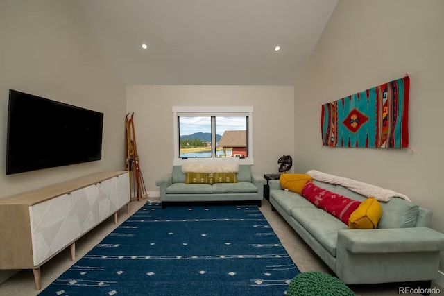 277 Hay Meadow Dr, Fraser, CO 80442 - living area featuring lofted ceiling, carpet, and recessed lighting