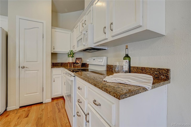 2061 Cheyenne Summer Vw, Colorado Springs, CO 80904 - kitchen featuring white appliances, white cabinets, light wood-type flooring, and dark stone counters