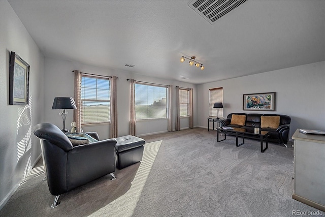 living room featuring light carpet and track lighting