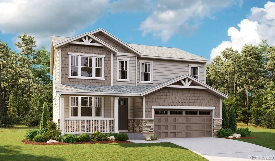 craftsman-style house featuring driveway, a front lawn, stone siding, and a garage