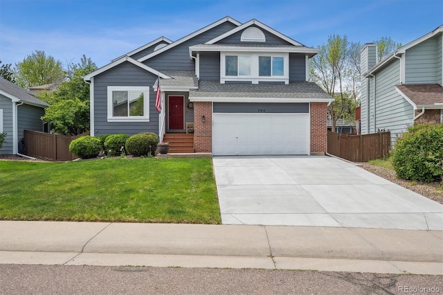 view of front of home with brick siding, an attached garage, roof with shingles, and concrete driveway