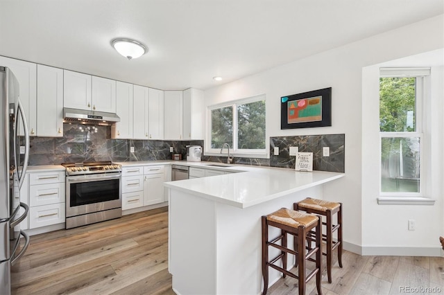 kitchen with appliances with stainless steel finishes, under cabinet range hood, a peninsula, light wood finished floors, and a kitchen breakfast bar