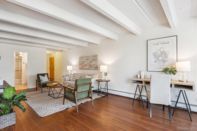 4801 E 9th Ave Unit 402S, Denver, CO 80220 - living area featuring beam ceiling, wood finished floors, baseboards, baseboard heating, and a baseboard radiator