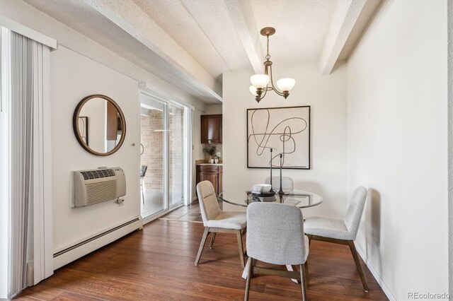 4801 E 9th Ave Unit 402S, Denver, CO 80220 - dining space featuring a baseboard radiator, a chandelier, beamed ceiling, dark wood-type flooring, and a wall mounted AC