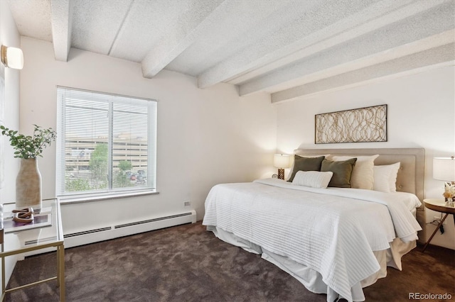 4801 E 9th Ave Unit 402S, Denver, CO 80220 - bedroom with beam ceiling, a textured ceiling, carpet flooring, and a baseboard heating unit