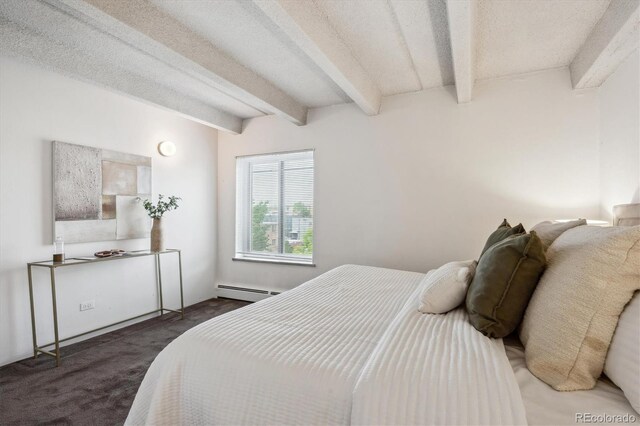4801 E 9th Ave Unit 402S, Denver, CO 80220 - carpeted bedroom with beamed ceiling and a baseboard radiator
