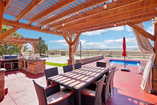 view of patio / terrace featuring a fenced in pool, a fenced backyard, an outdoor kitchen, a pergola, and a grill