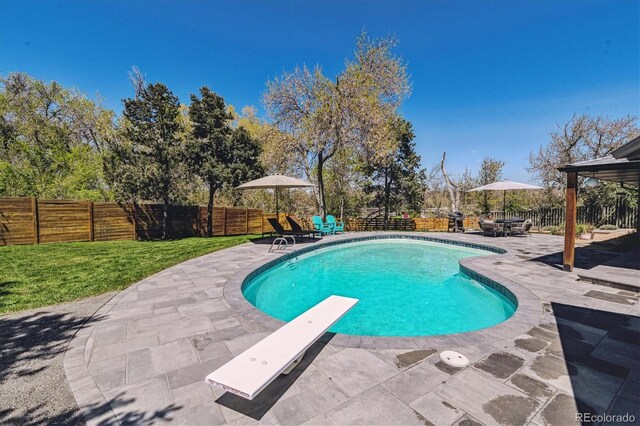 view of swimming pool with a patio and a diving board
