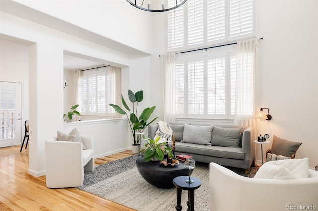 living room featuring hardwood / wood-style floors and a high ceiling