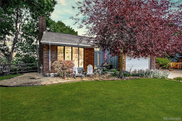 8413 E Jamison Cir, Englewood, CO 80112 - view of front of property with brick siding, a chimney, a garage, and roof with shingles
