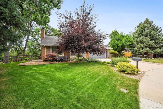 8413 E Jamison Cir, Englewood, CO 80112 - view of property hidden behind natural elements featuring a chimney, brick siding, a garage, and driveway