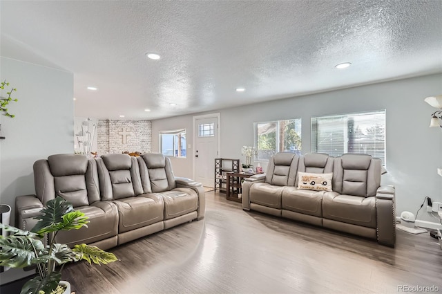 living room featuring a textured ceiling and hardwood / wood-style floors