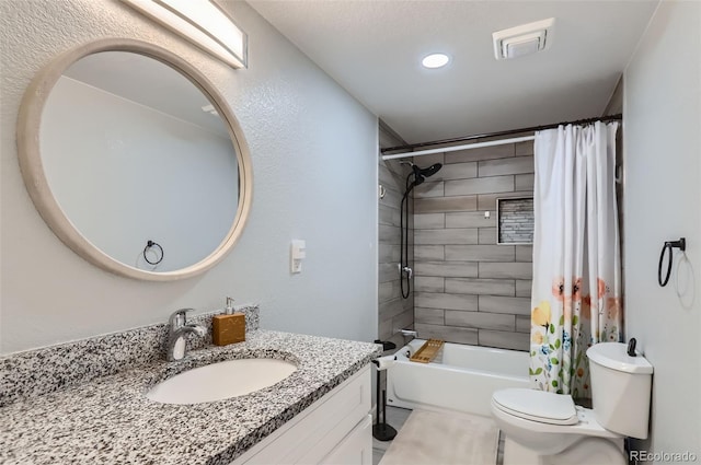 full bathroom with toilet, shower / tub combo with curtain, and vanity