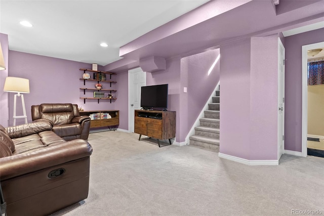 11320 Irma Dr, Northglenn, CO 80233 - living area with light carpet, baseboards, stairway, and recessed lighting