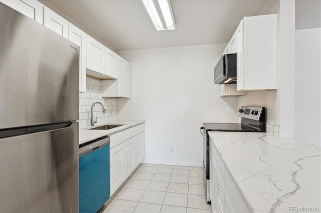 kitchen featuring a sink, tasteful backsplash, white cabinetry, and stainless steel appliances