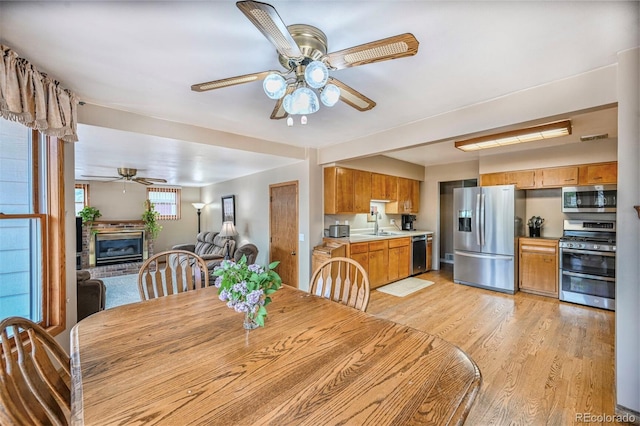 dining space with a fireplace, light wood finished floors, a ceiling fan, and visible vents