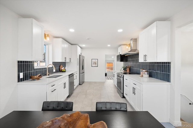 kitchen with backsplash, sink, wall chimney exhaust hood, white cabinetry, and stainless steel appliances