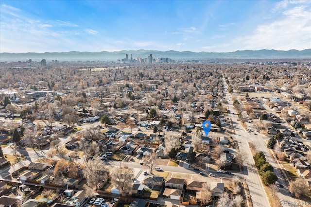 drone / aerial view featuring a mountain view