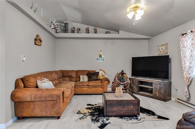 3569 County Road 19, Florence, CO 81226 - living room featuring marble look tiles, lofted ceiling, and a baseboard radiator