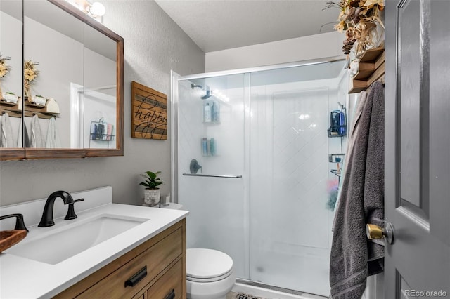 3569 County Road 19, Florence, CO 81226 - bathroom with a stall shower, toilet, vanity, and a textured wall