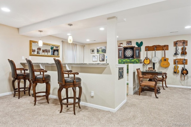 bar with baseboards, carpet flooring, recessed lighting, and wet bar