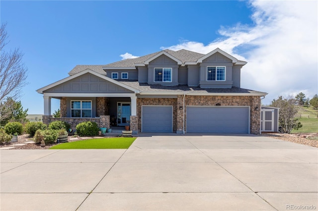 2339 Elkhorn St, Parker, CO 80138 - craftsman-style home featuring a garage, concrete driveway, covered porch, stone siding, and roof with shingles