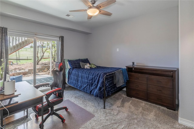 2339 Elkhorn St, Parker, CO 80138 - bedroom featuring carpet floors, access to exterior, ceiling fan, an office area, and baseboards