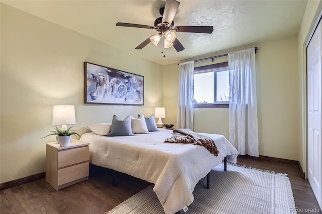 bedroom featuring dark hardwood / wood-style floors, ceiling fan, and a closet