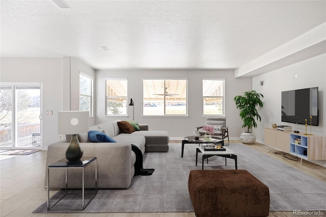 living room featuring baseboards and a textured ceiling