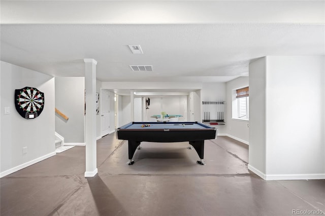 recreation room featuring visible vents, finished concrete floors, baseboards, and pool table