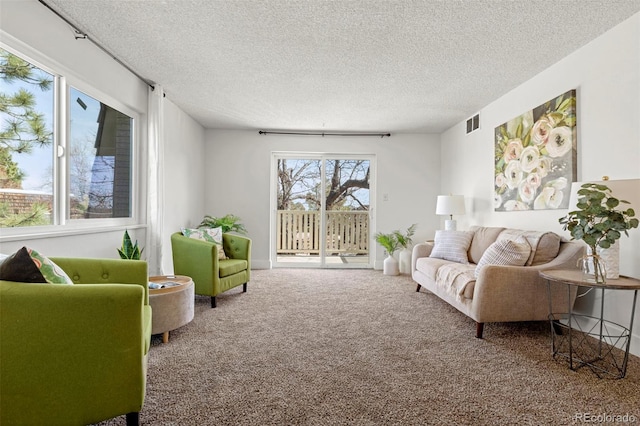 carpeted living area with visible vents and a textured ceiling