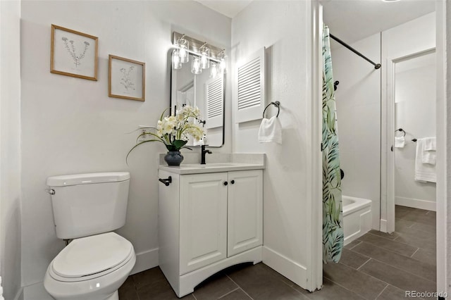 full bath with vanity, shower / tub combo, toilet, and baseboards