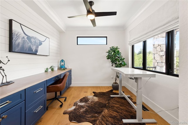 office area with built in desk, ornamental molding, light hardwood / wood-style floors, and ceiling fan